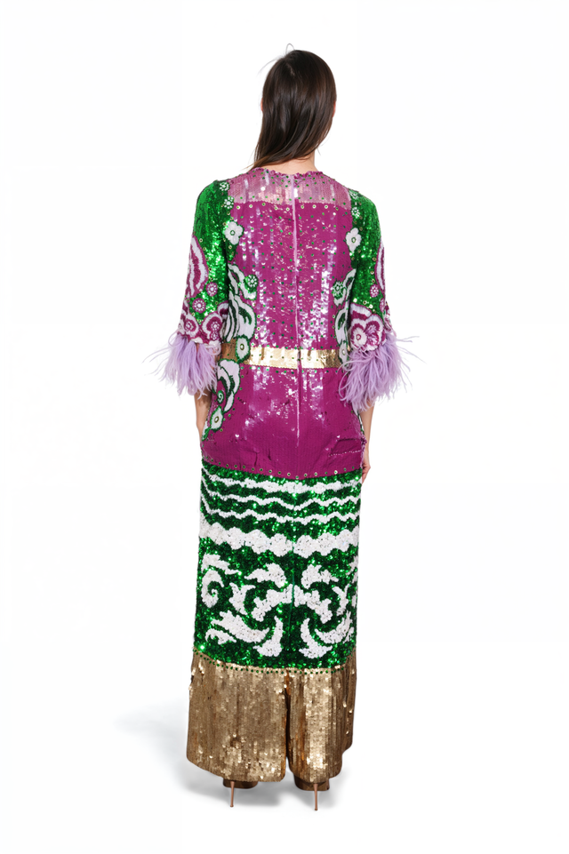 Valentino Multicolor Sequin Gown with Feather Sleeves