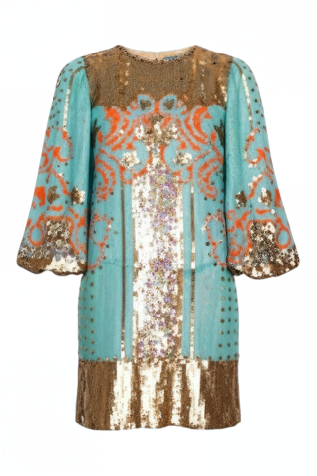 Valentino Turquoise and Gold Sequin Embroidered Mini Dress