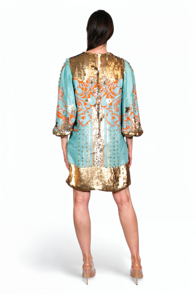 Valentino Turquoise and Gold Sequin Embroidered Mini Dress