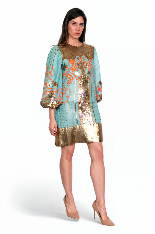 Valentino Turquoise and Gold Sequin Embroidered Mini Dress