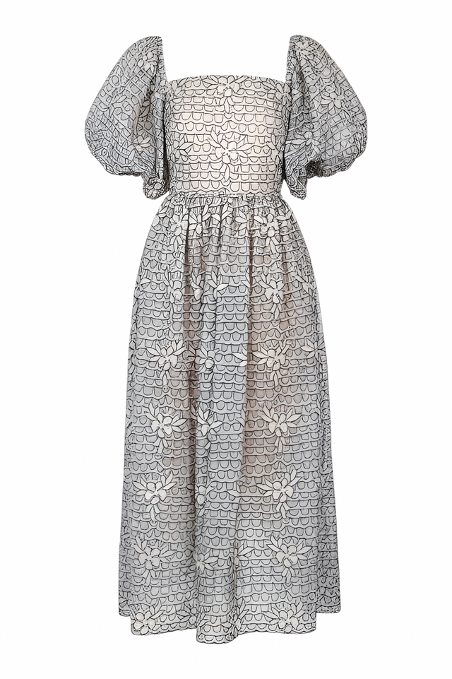 Valentino Embroidered Puff-Sleeve Midi Dress