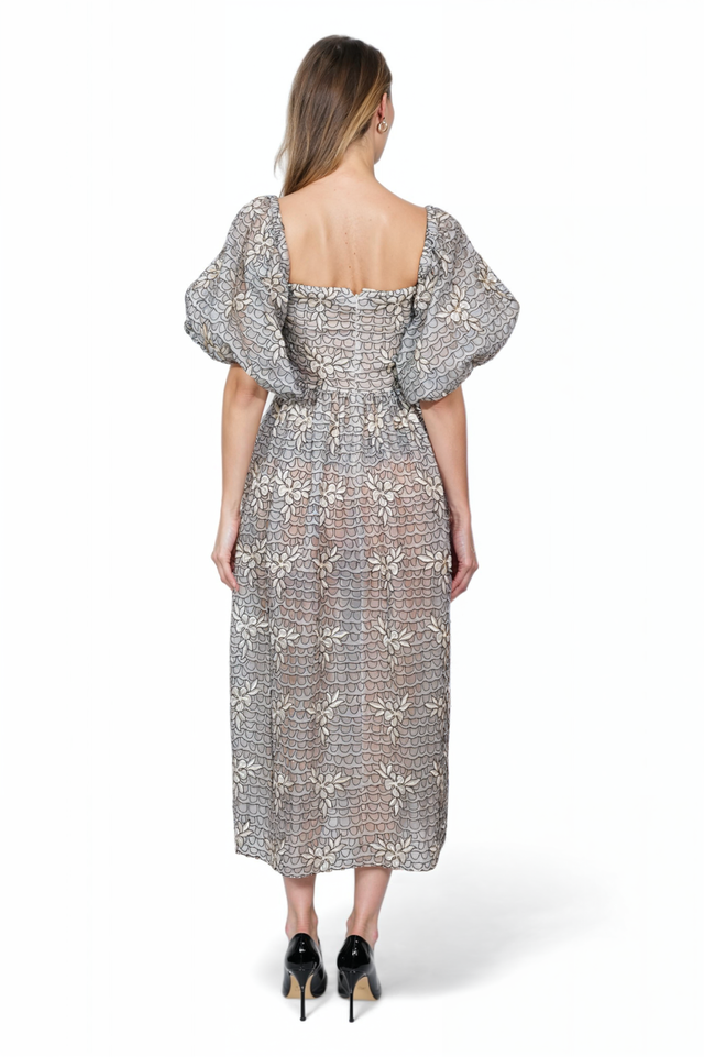 Valentino Embroidered Puff-Sleeve Midi Dress