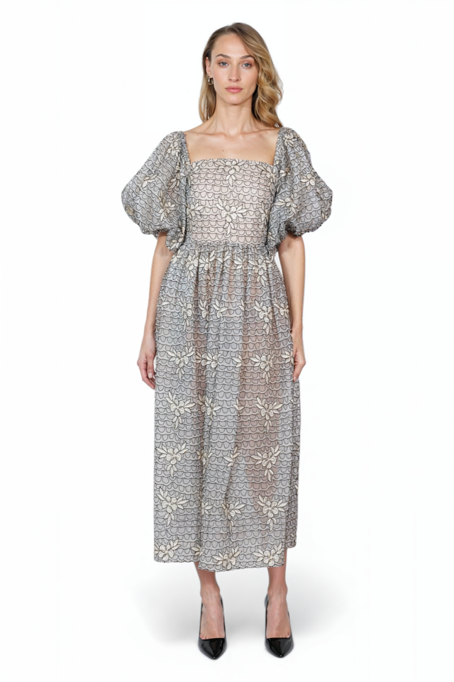 Valentino Embroidered Puff-Sleeve Midi Dress