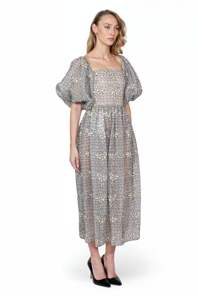 Valentino Embroidered Puff-Sleeve Midi Dress