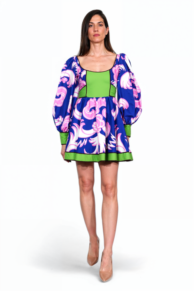 Valentino Multicolor Puff Sleeve Mini Dress