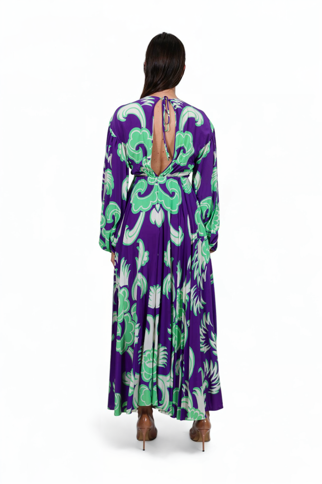 Valentino Purple Baroque Print Pleated Midi Dress