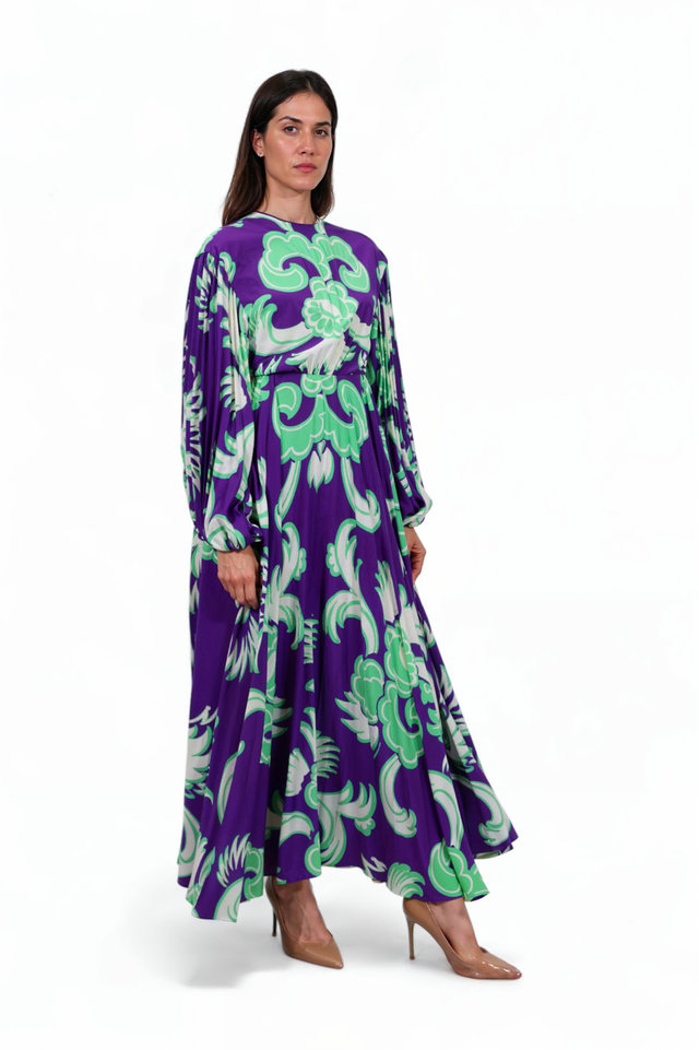 Valentino Purple Baroque Print Pleated Midi Dress