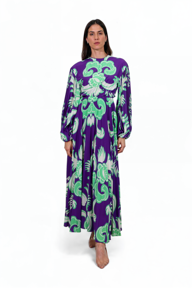 Valentino Purple Baroque Print Pleated Midi Dress