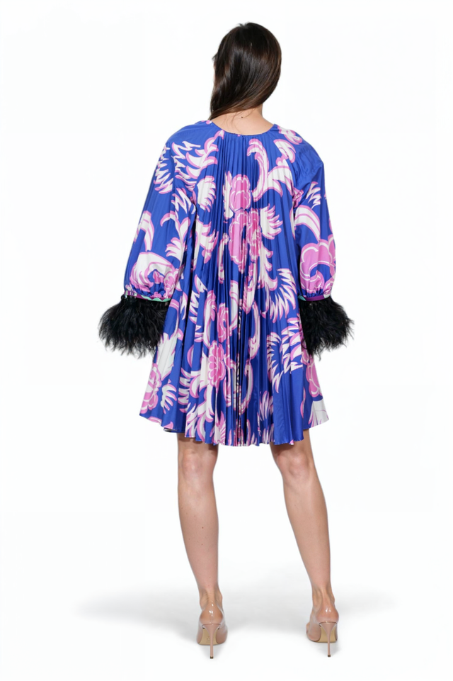 Valentino Printed Caftan Dress with Feather Trim