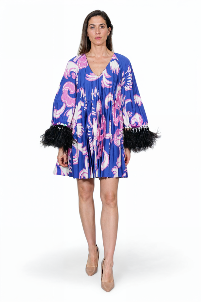 Valentino Printed Caftan Dress with Feather Trim