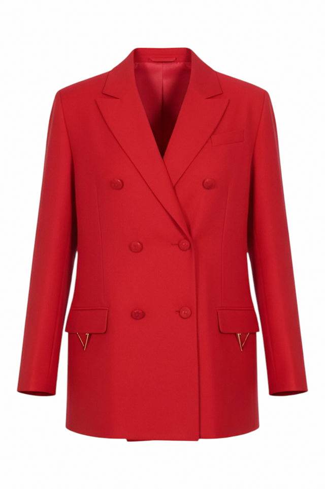 Valentino Red Double-Breasted Blazer with Logo Detail