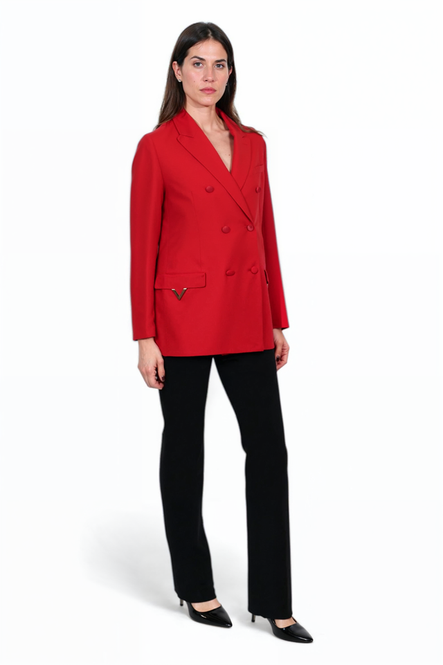 Valentino Red Double-Breasted Blazer with Logo Detail