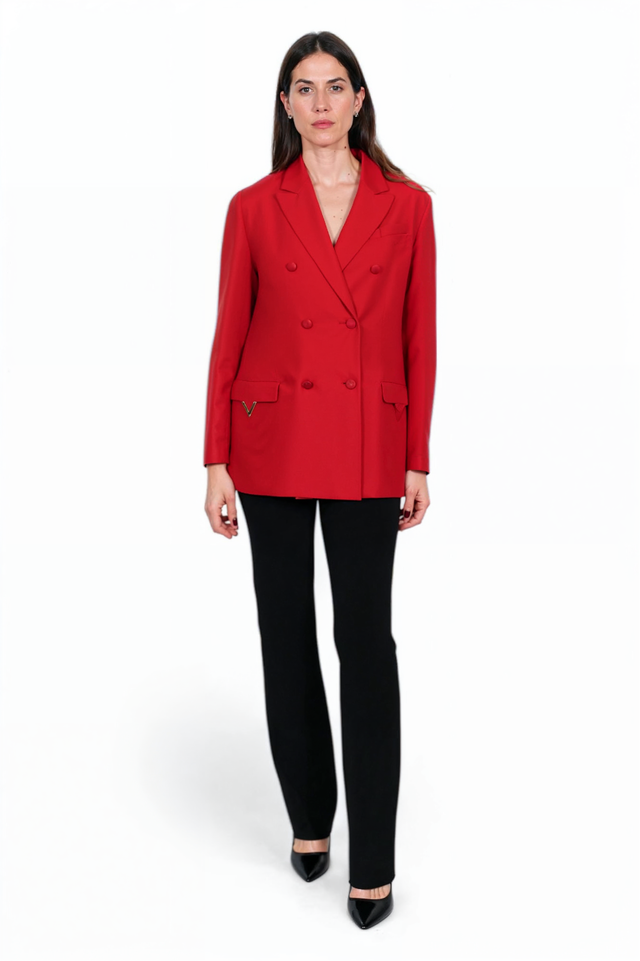 Valentino Red Double-Breasted Blazer with Logo Detail
