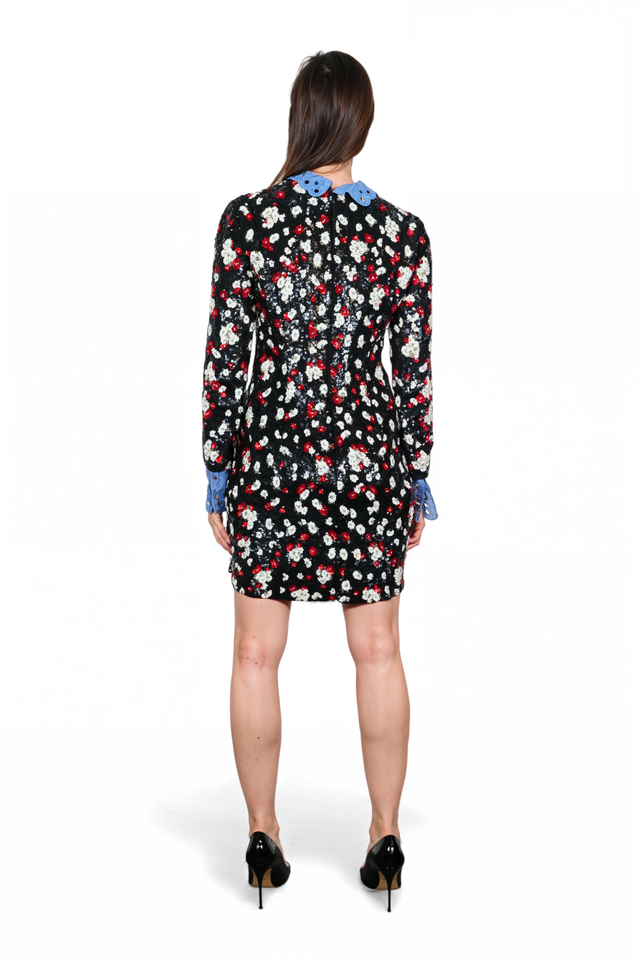 Valentino Sequin Floral Mini Dress with Contrast Collar & Cuffs