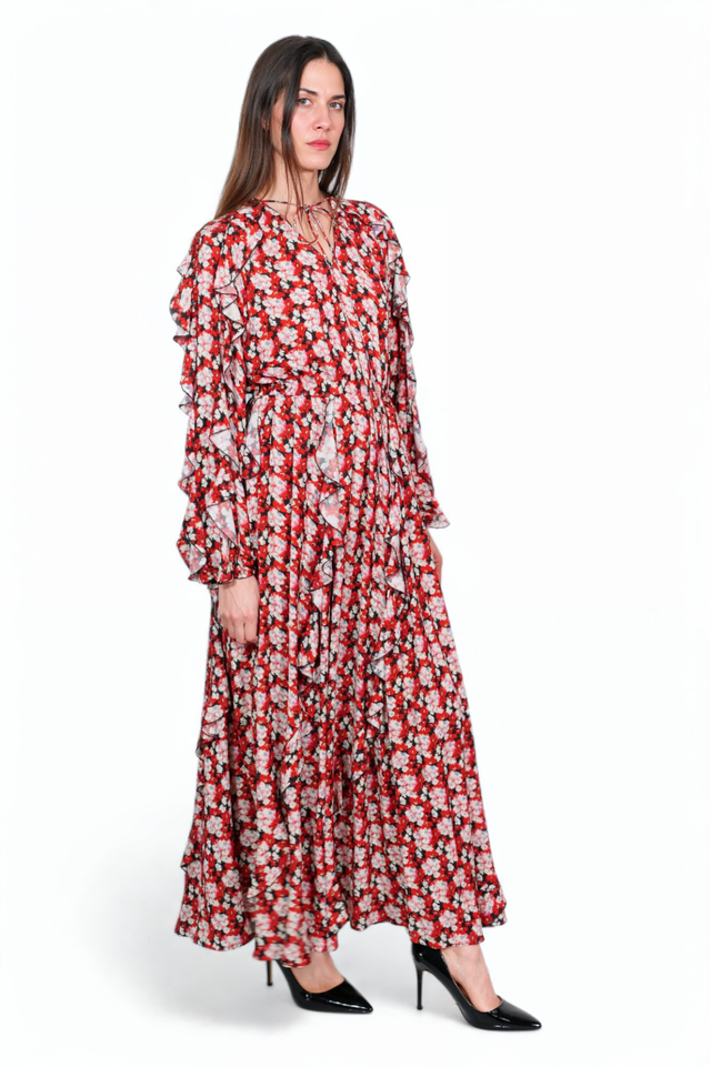 Valentino Red Floral Ruffle Maxi Dress
