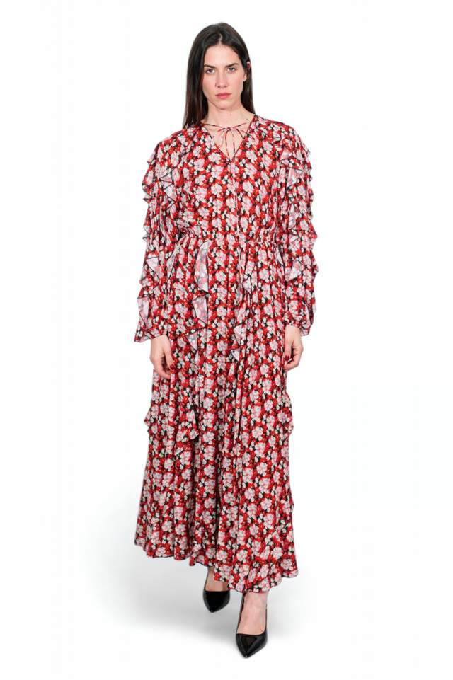 Valentino Red Floral Ruffle Maxi Dress