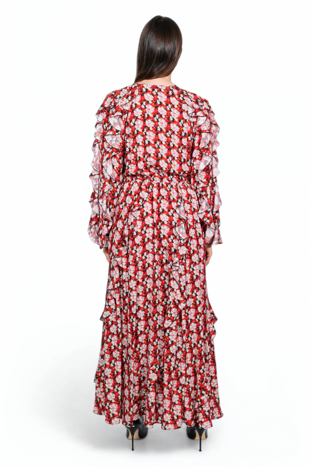 Valentino Red Floral Ruffle Maxi Dress