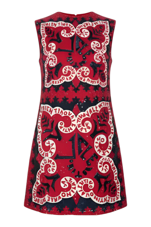 Valentino Embroidered Mini Dress with Abstract Logo Motif — Red & Black