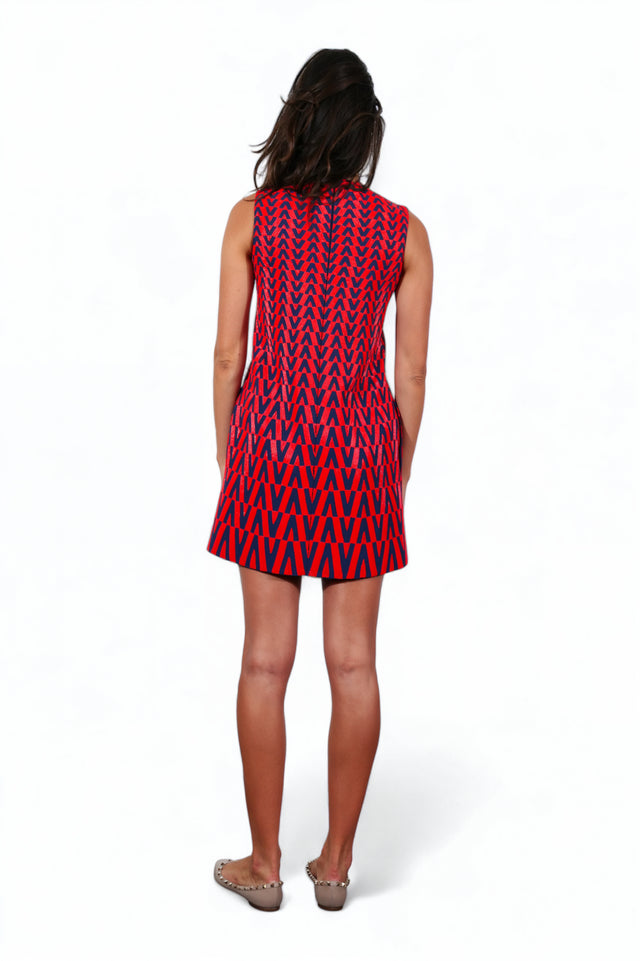 Valentino Red & Navy V-Print Mini Dress