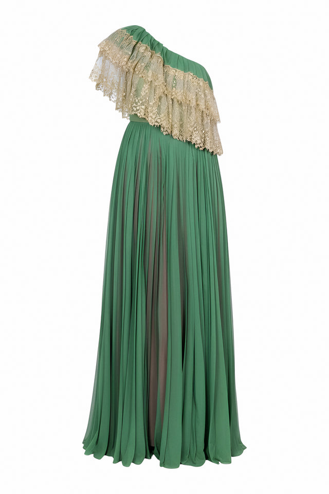 Valentino One-Shoulder Emerald Gown with Gold Lace Detail