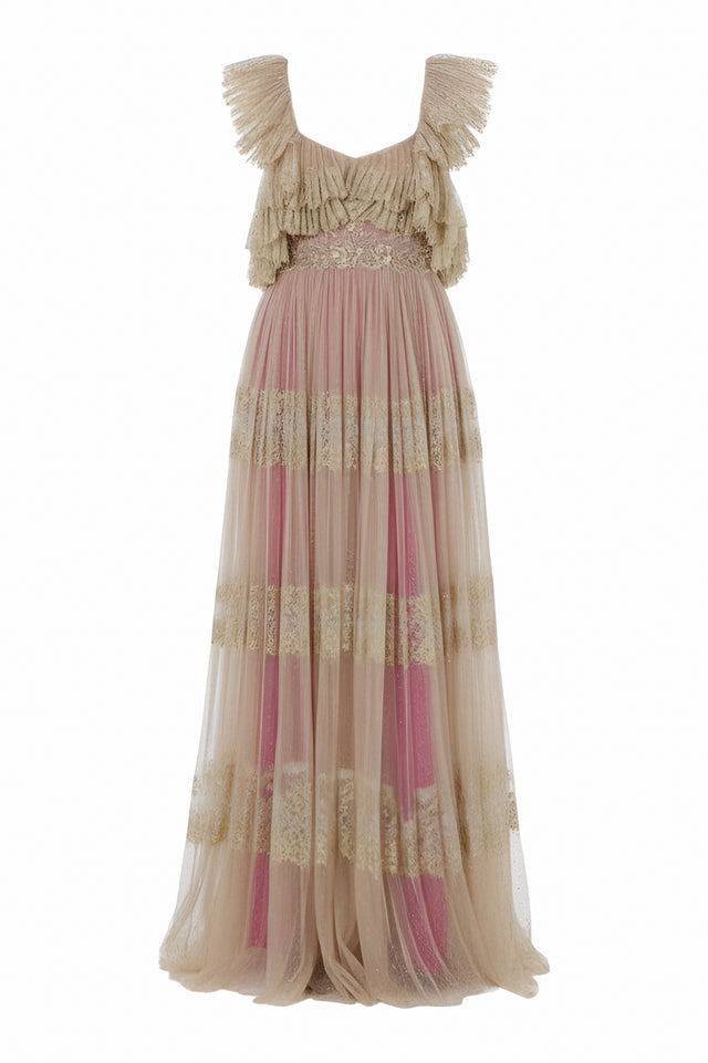 Valentino Ruffled Glitter Tulle Gown - Golden Blush