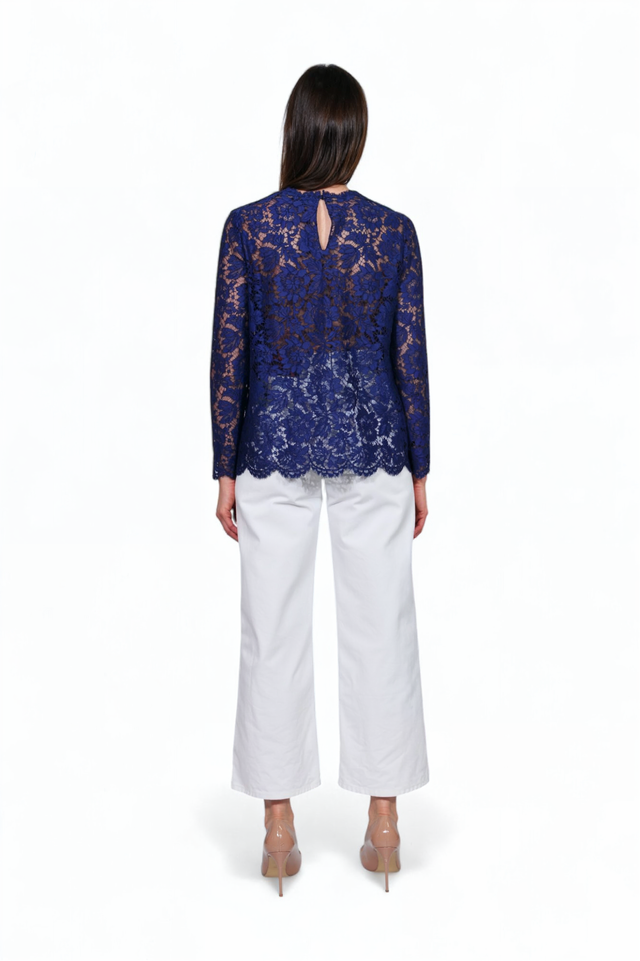 Valentino Navy Floral Lace Long Sleeve Blouse
