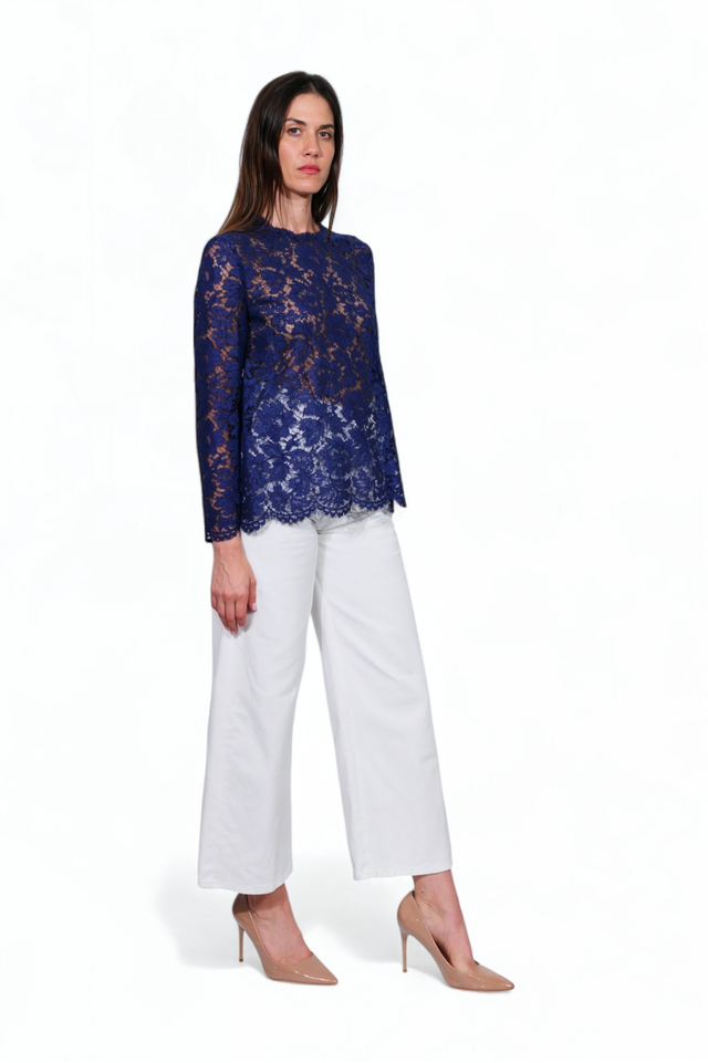 Valentino Navy Floral Lace Long Sleeve Blouse