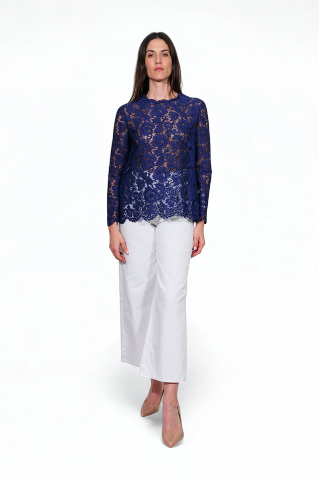 Valentino Navy Floral Lace Long Sleeve Blouse