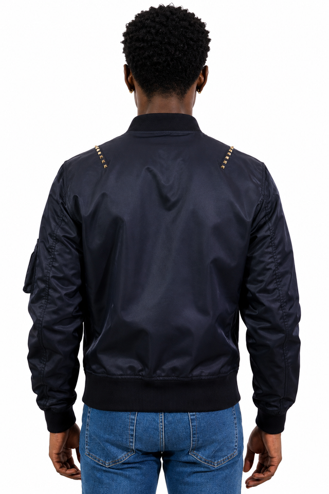 Valentino Rockstud Untitled Nylon Bomber Jacket in Navy & Black