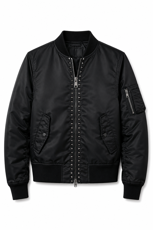 Valentino Rockstud Untitled Nylon Bomber Jacket in Navy & Black