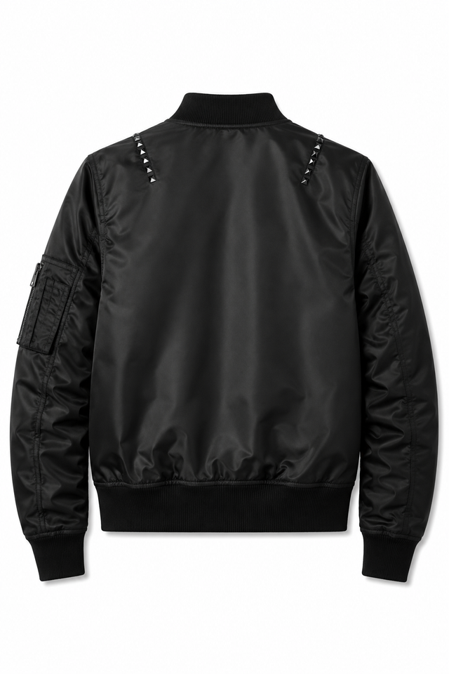 Valentino Rockstud Untitled Nylon Bomber Jacket in Navy & Black