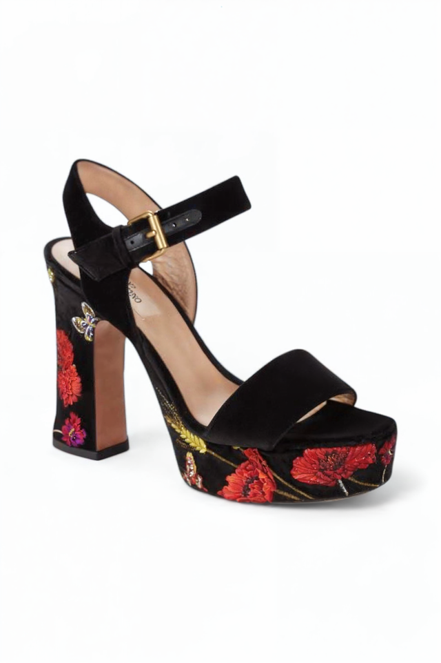 Valentino Garavani Embroidered Velvet Platform Sandals
