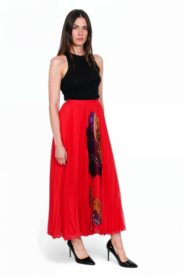 Valentino Red Pleated Midi Skirt with Celestial Rose Print