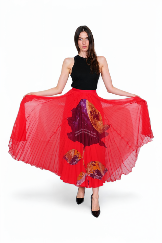 Valentino Red Pleated Midi Skirt with Celestial Rose Print