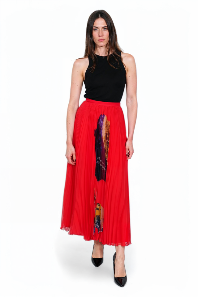 Valentino Red Pleated Midi Skirt with Celestial Rose Print