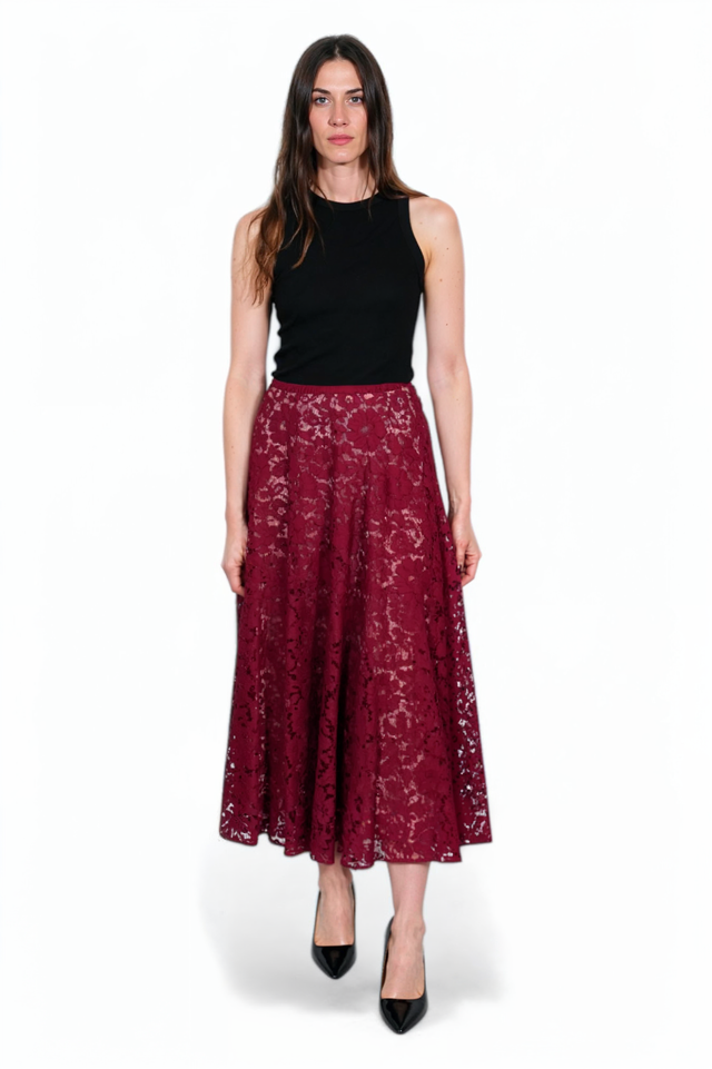 Valentino Burgundy Lace A-Line Midi Skirt