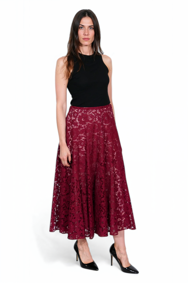 Valentino Burgundy Lace A-Line Midi Skirt