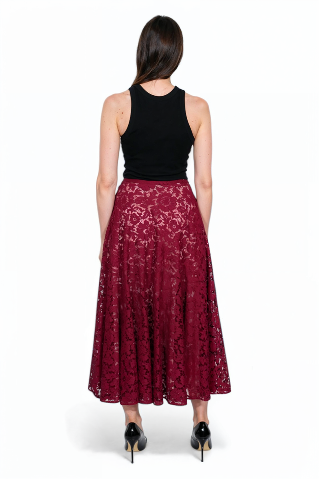 Valentino Burgundy Lace A-Line Midi Skirt