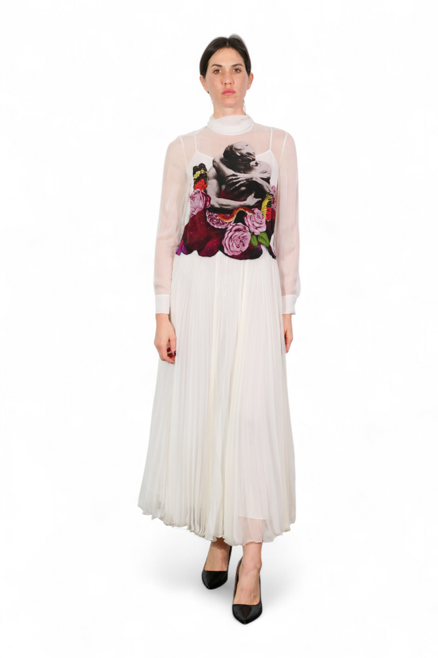 Valentino Sheer Pleated Maxi Dress with Renaissance Print — Ivory & Rose