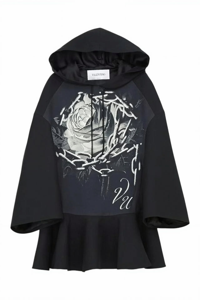 Valentino Black Rose Printed Peplum Hoodie