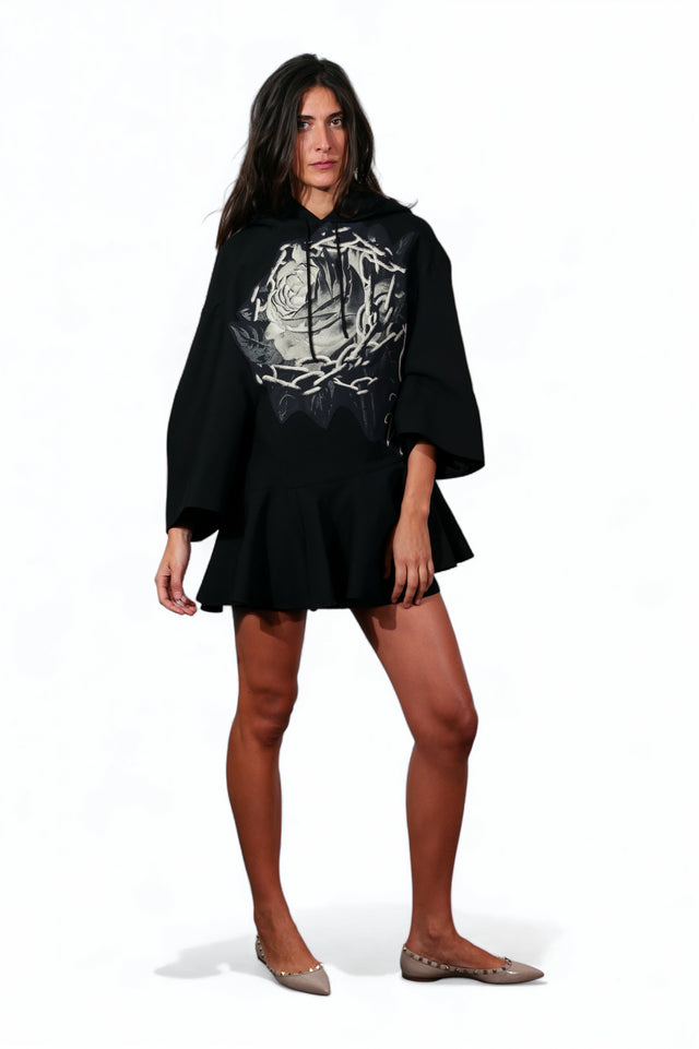 Valentino Black Rose Printed Peplum Hoodie