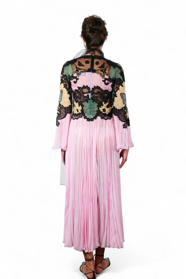 Valentino Butterfly Embroidered Pleated Gown — Pink & Black
