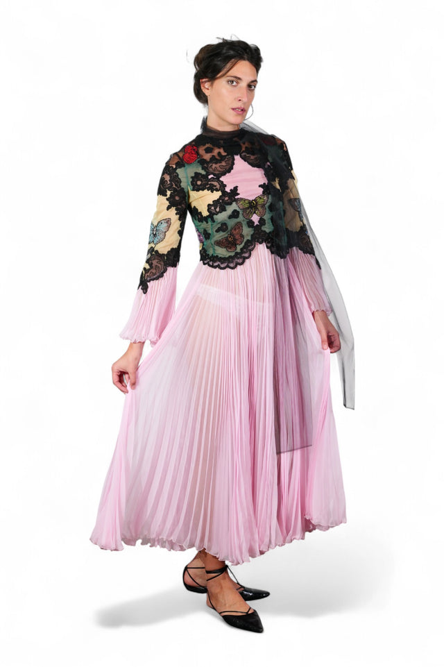 Valentino Butterfly Embroidered Pleated Gown — Pink & Black