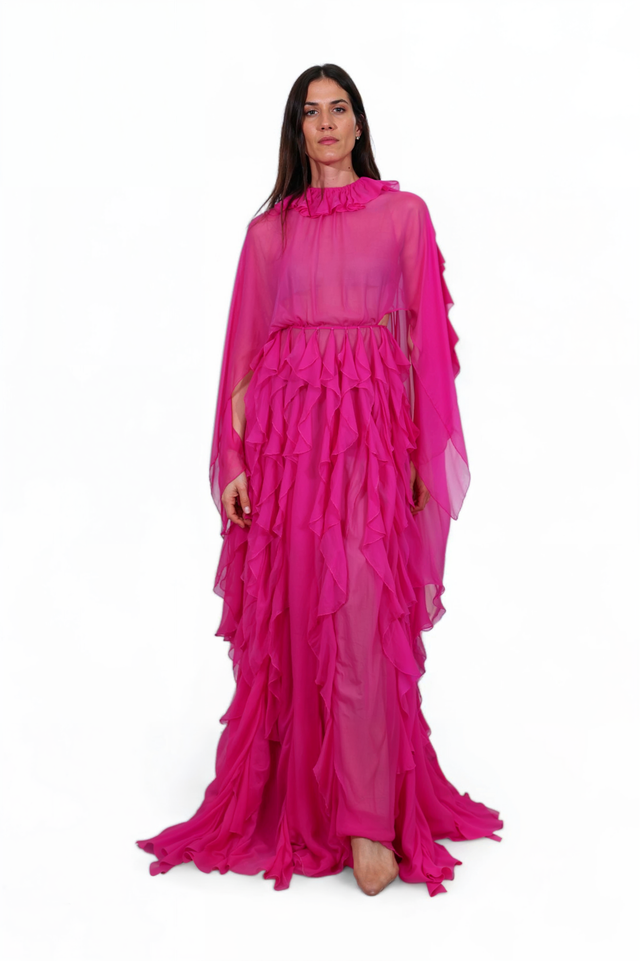 Valentino Garavani Fuchsia Silk Ruffle Gown with Cape Sleeves