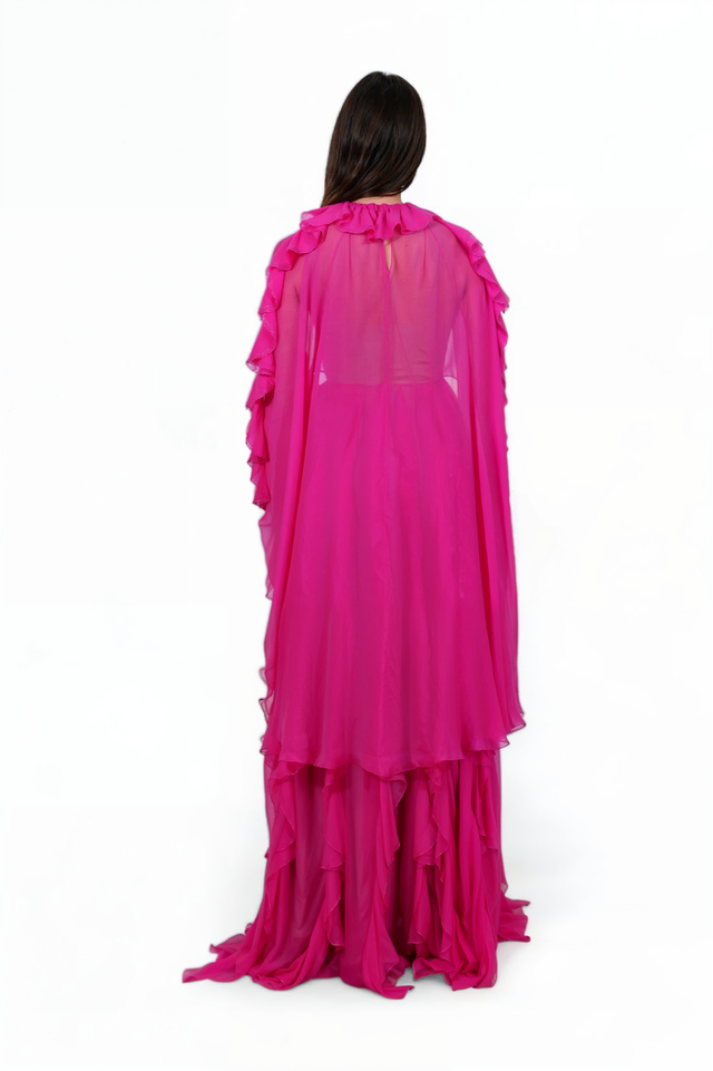 Valentino Garavani Fuchsia Silk Ruffle Gown with Cape Sleeves