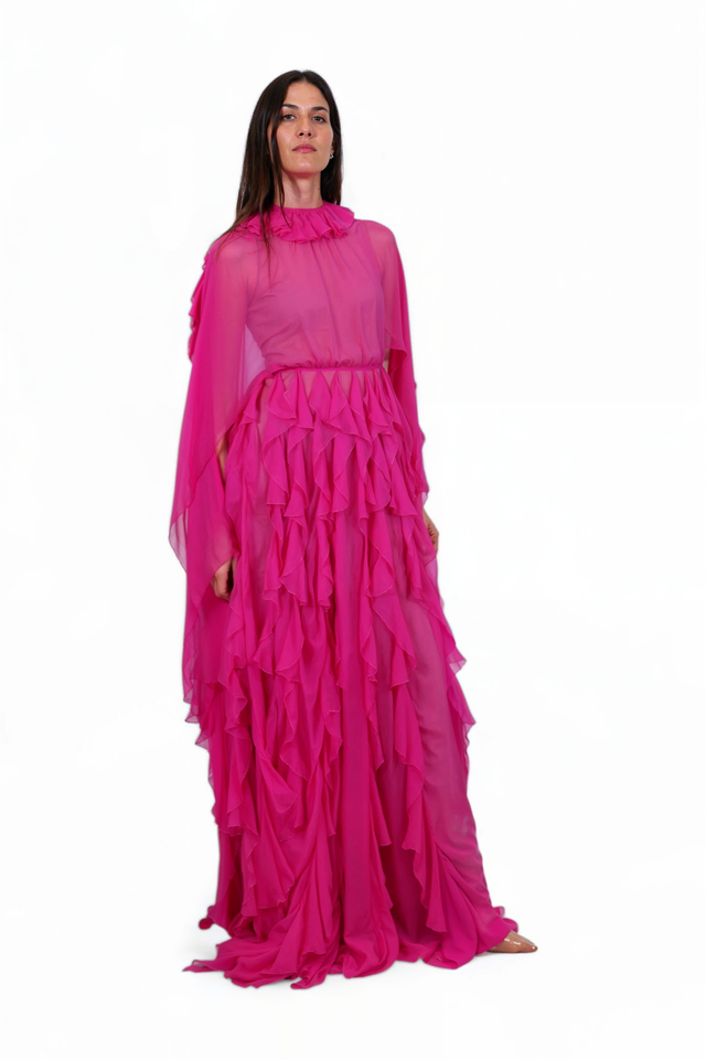 Valentino Garavani Fuchsia Silk Ruffle Gown with Cape Sleeves