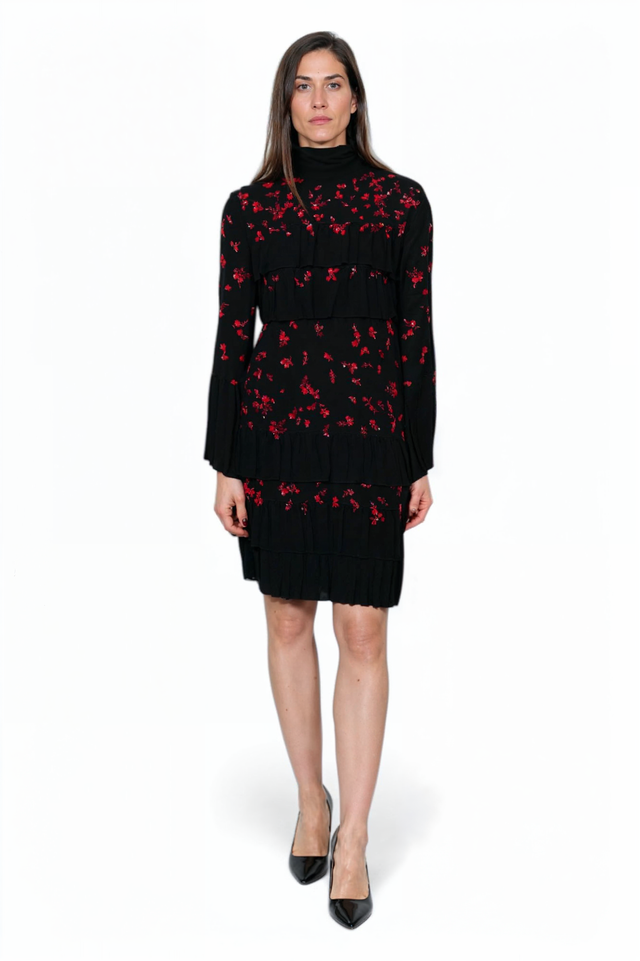 Valentino Black Tiered Midi Dress with Red Floral Embroidery
