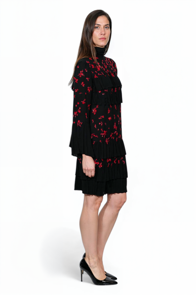 Valentino Black Tiered Midi Dress with Red Floral Embroidery