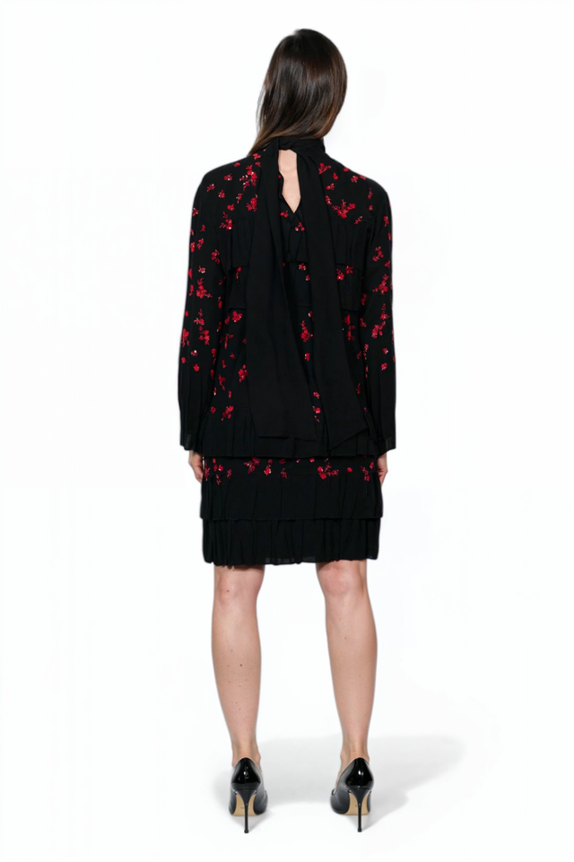 Valentino Black Tiered Midi Dress with Red Floral Embroidery