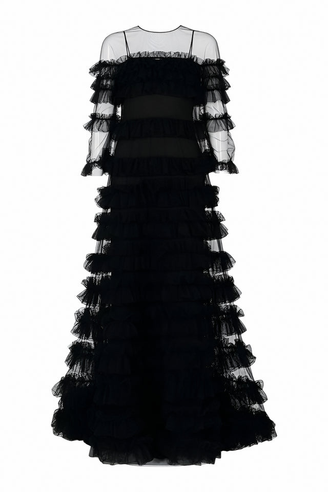 Valentino Ruffled Tulle Evening Gown in Black